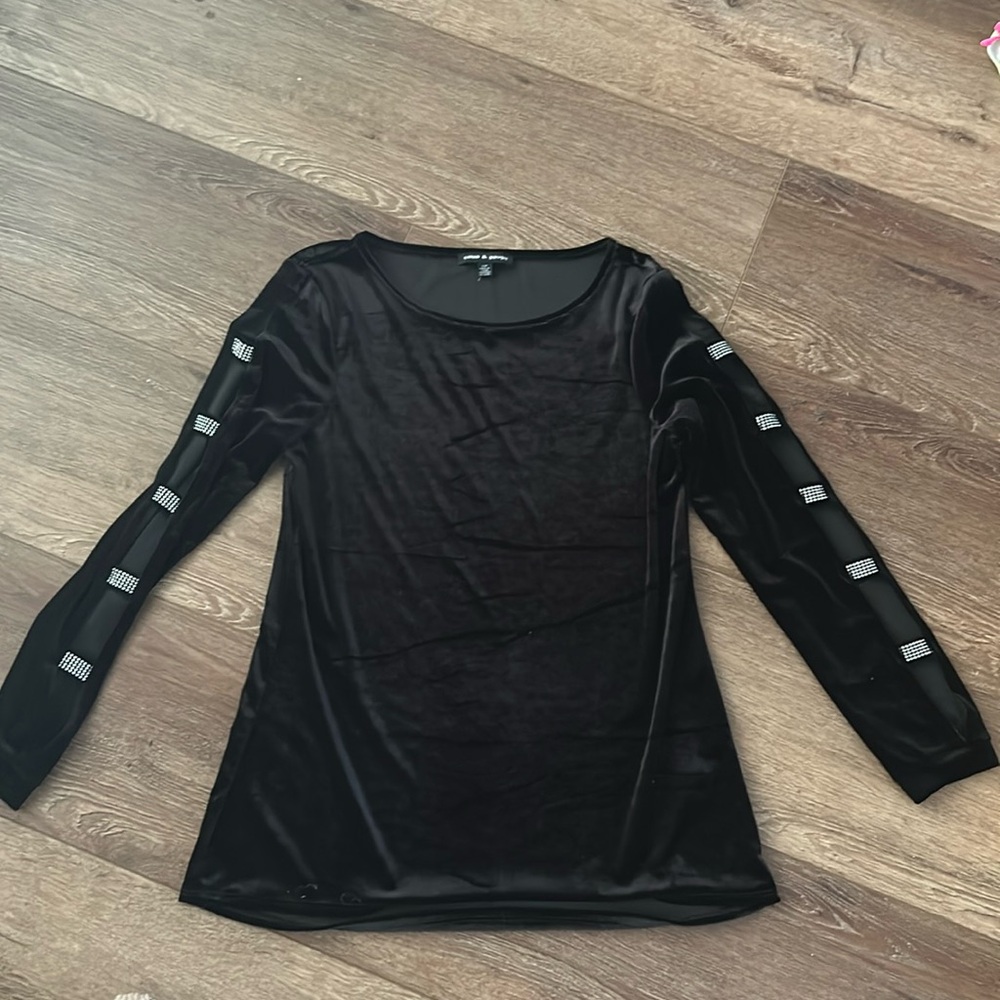 Womens velvet feel long sleeve top with rhinestones